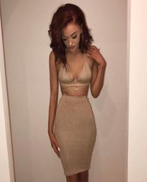 Brand Sexy Sparkly Bandage Bodycon Dresses 2017 Halter Deep V Neck Lace Up Crop Top Two Piece Set Summer Party Dresses Vestidos 508138934