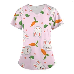 Women's T Shirts Kawaii Women Nurses Uniform Easter Tunic Scrub Tops Blouse Rabbits Carrots Print Clinic Carer Protective Nursing