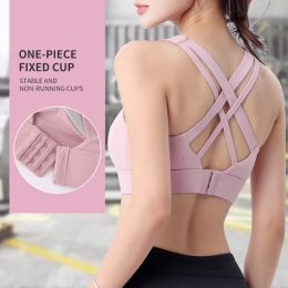 Bras Fixed Cup Crossover Beautiful Back Sports Bra Integrated Chest Pad Adjustable Shockproof Yoga Fitness Plus Size Underwear