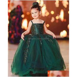 Girl'S Dresses Girls Dark Green Lace Flower Girl Ball Gown Tle Backless Lilttle Kids Birthday Pageant Weddding Gowns Drop Delivery B Dhwrd