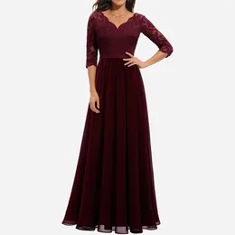 Casual Dresses Women Elegant Long Evening Dress Party Wedding Vintage Solid Color V Neck Lace Stitching Mid-Sleeve Maxi Robes