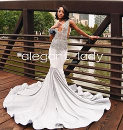 Silver Diamond Long Prom Formal Dresses for Women 2024 Sparkly Black Girl Crystal Mermaid Evening Gala Party Gowns