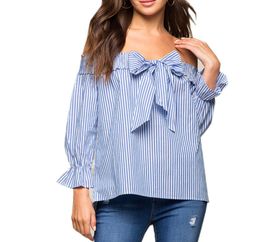 Sexy Off Shoulder Blouse 2017 Summer Women Bow Slash Neck Long Sleeve Blue Vertical Striped Shirt Blusas Casual Tops Plus Size9712445