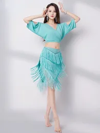 Stage Wear Belly Dance Costume Summer V-neck Sexy Diamond Tassel Skirt Suit Oriental Performance Clothes Practice Women