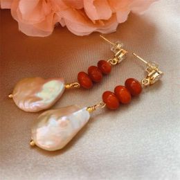 Dangle Earrings Natural Freshwater Pearl Red Coral Bead Ear Stud Women Year