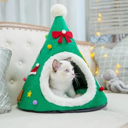 Mats Warm Pet Bed Christmas Hat Shape Cat Kennel House Soft Plush Nest Puppy Small Cat Sleeping Beds Tent Portable Pet Cushion Mat