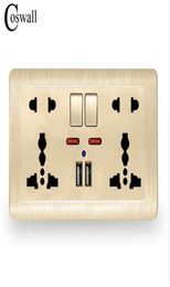 Coswall Wall Power Socket Double Universal 5 Hole Switched Outlet 21A Dual USB Charger Port LED indicator 146mm86mm Gold 1102509284473