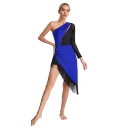 Stage Wear Womens Tassel Latin Dance Dress Salsa Tango Ballroom Rhinestones One Shoulder Asymmetrical Fringe And Shorts Outfit
