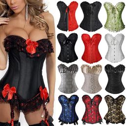 Women Steampunk Gothic Waist Trainer Corset Red Bow Satin Lace Up Corset Dress Waist Cinchers Sexy Lingerie Corsets And Bustiers Y7586128