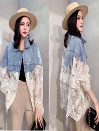 Summer Cutout Short Denim Jacket Women Loose Lace Splice Thin Sun Protection Clothes Ladies Plus Size H243 2109141967061