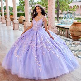 Lilac Sexy Spaghetti Strap Floral Gown Quinceanera Dress Sequin Applique Lace Basque Glitters Vestidos De Prom Party Gowns
