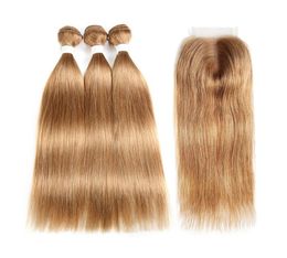 Silky Straight Hair Bundles With Lace Closure Honey Blonde Hair Extensions Virgin Peruvian Hair with Lace Closure 4x4 Part1631908