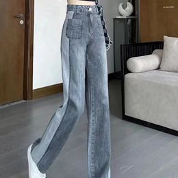 Women's Jeans Grey Trousers High Waist S Pants For Woman With Pockets Straight Leg Teenagers Clothing Korean Fashion Z Spanx