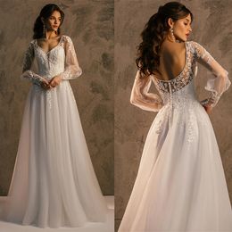 Simples uma linha vestido de casamento feminino mangas compridas sem costas vestidos de noiva rendas apliques trem varredura vestido feito sob encomenda vestidos de novia