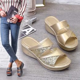 Slippers 2022 new Women Summer Slippers Ladies Glitter PU Wedges Shoes Female Casual Slingbacks Sandals Comfortable Platform WomanH2431