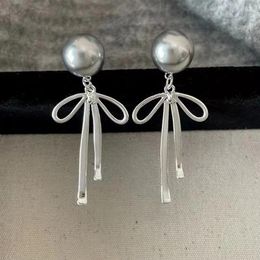 Dangle Earrings Trendy South Korea Elegant Simple Bow Grey Pearl Long For Women Sweet Metal Aesthetic Y2K Fairy Jewelry