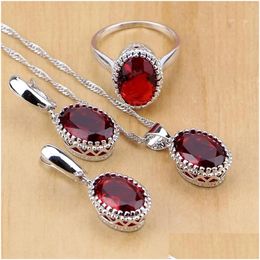 Charm Mystic Red Zircon Sterling Sier Jewellery Sets For Women Wedding Accessories Earrings/Pendant/Necklace/Rings Drop Delivery Dhtbz