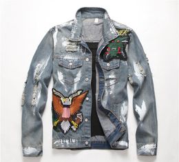 Men039s slim nonstretch denim jacket European and American style letter flag denims jackets trend5047252