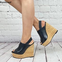 Sandals Ronticool Handmade Women Unisex Back Elastic Band Wedges Heels Open Toe High Quality Black Party Shoes US Size 5-20