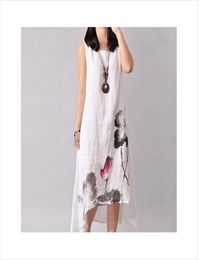 2017 women plus size loose dresses Linen dress loose oneck summer without sleeves Vintage style flower printed long dress in dra2030485
