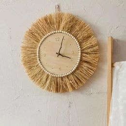 Wall Clocks Nordic Straw Clock Hand Woven Round Art Decor Farmhouse Vintage Non Ticking Wood Mute For Baby Kids Room