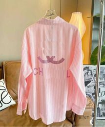 24 High-end custom luxury designer womens shirt oversized embroidered loose plus size striped pink lapel long sleeve top coat sun-protective clothing