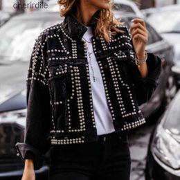 Women's Jackets Studded Frayed Hem Denim Women Coats Black Lapel Breasted jeans women Jackets and Coats 240301