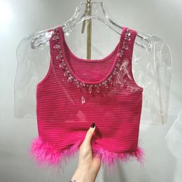 New design women o-neck rhinestone patchwork knitted feather bottom short high waist vest tanks camis