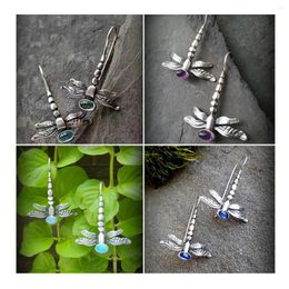 Dangle Earrings Bohemian Style Dragonfly Pendant Earring Green Rhinestone For Women Vintage Animal Long Hook