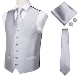 MJ0001 HiTie Men Vest Silk Waistcoat Vest High Quality Handkerchief Cufflinks Tie Vests Set Silver Grey Solid Vests for Mens CX22348305