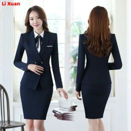 Suits High Quality Autumn Winter Formal Blazer Business Suits with Sets Korean Women Work Wear Office Uniform Dark Blue Skirt Jacket