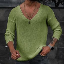 Men Spring V Neck Rib Bottoming T-shirts Pullover Autumn Long Sleeve Slim Fit Tees Tops Simple Casual Plain Thin Knit Shirt 240223