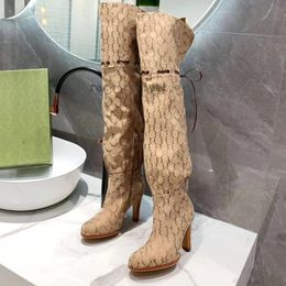 Stivaletti sopra il ginocchio da donna Stivali con cerniera in tela intrecciata Tacco alto Lacci stampati in vera pelle di alta qualità Scarpe taglia 35-43 1.25 06