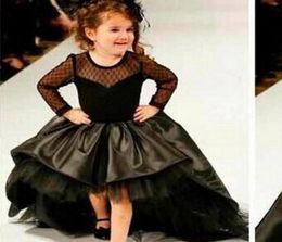 Fashion Short Front Long Back Black Flower Girl Dresses Transparent Wave Point Lace Full Sleeve Girls Pageant Dress Party Gown5669808