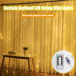 Strings Curtain Garland String Lights LED Warm Light 8 Modes USB Remote Control Bedroom Holiday Wedding Decoration Fairy For Home