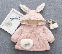 2020 New Winter Children Clothing Cute Bunny Ear Girls Hooded Jacket Warm Cotton Clothing Fashion Bow Children Coat6019177