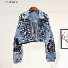 Women's Jackets Autumn Heavy Sequins Frayed Short Denim Women Jeans Female Student Streetwear Jean Coats1 240301