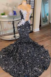 Sexy Black Sequins Mermaid Prom Dresses For Arabic Women Lace Applique Party Gowns Long Evening Dress Vestidos De