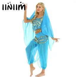 Stage Wear Womens Latin Dance Clothing Arab Oriental Belly Costumes Sequin Crop Top With Harem Pants Hip Scarf Headscarf