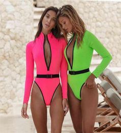 Fluorescence Green Pink Long Sleeve Swimwear Women One Piece High Leg Bathing Suit Women Zipper One Piece Swimsuit Women 2103242022556