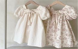 INS Selling summer girl kids Puff Short Sleeve Cotton dress kids Square Collar Solid Colour Flower Print elegant dresses7041893