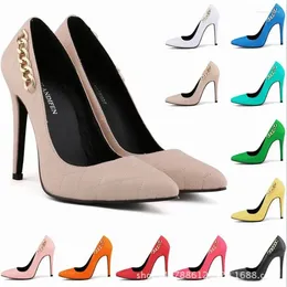 Dress Shoes Metal Decoration Women Pointed Toe Pumps Solid Colour Thin High Heel PU 11CM Slip On Mujer Bombas Size35-42