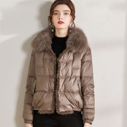 Coats 2023Real Fox Fur Collar Winter Women White Duck Down Jacket Ladies Short Warm Puffer Coat Female Loose Vintage Parka Outerwear