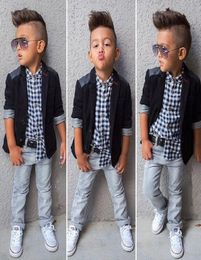 Boys 3Pieces Clothes Suits Children Fashion Set Kids Jacket Shirt Jean Baby Boy039s Outfits Coat Plaid Shirts Trouser 21049559771
