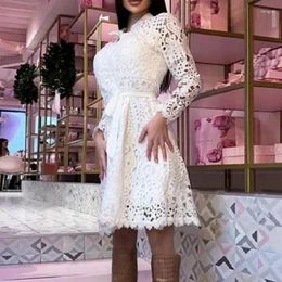 Casual Dresses Fashion Lace Hollow Out Dress Women's Elegant Waist Tie Up Button A-Line Solid White Holiday Party Lady