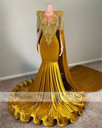 Veet Evening Dresses With Cape 2024 Beaded Lace Appliques Tassel Celebrity Dress Sweep Train de Soiree 326 326