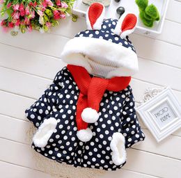 New Style Children Cotton Coats Scarf With Ball Top Furry Edge Kids Winter Jackets Dots Rabbitshaped Hooded Coats For Girls Retai6504348