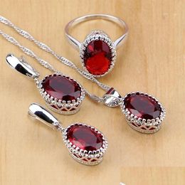 Charm Mystic Red Zircon Sterling Sier Jewelry Sets For Women Wedding Accessories Earrings/Pendant/Necklace/Rings Drop Delivery Dhbkw