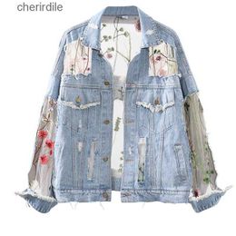 Women's Jackets Streetwear Denim Lace Coat For Women Summer Autumn Embroidery Flower Stitching Mesh Sunscreen Jeans Female 240301