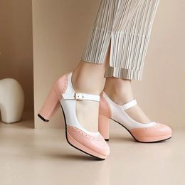 Platform Heels Big Size Shoes Woman Round Toe Brief Pumps Chunky Sandals Footwear Large Coloured Beige Spring Dress Casual S 240228